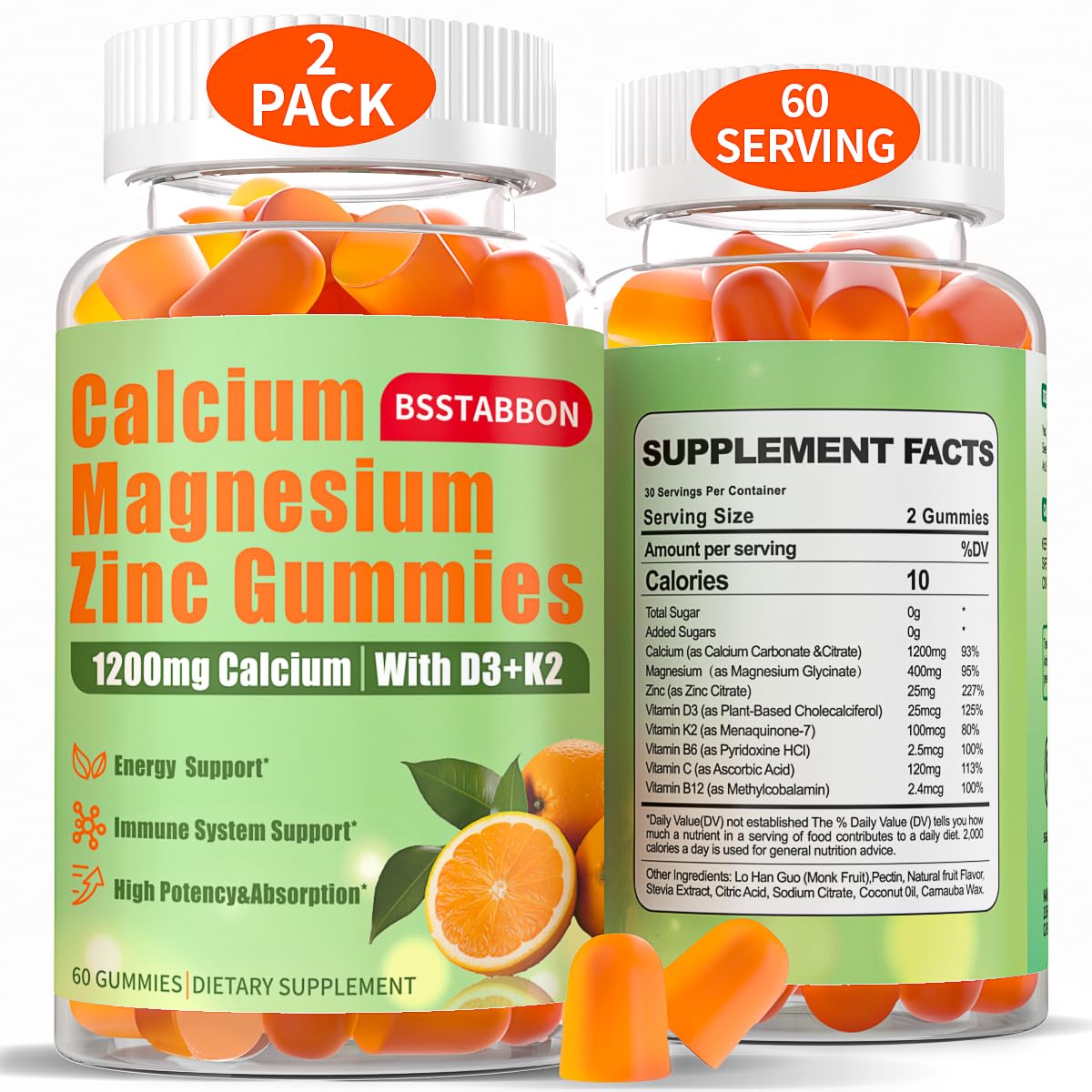 Bottle of BSSTABBON Calcium Magnesium Zinc Gummies for adults on white background