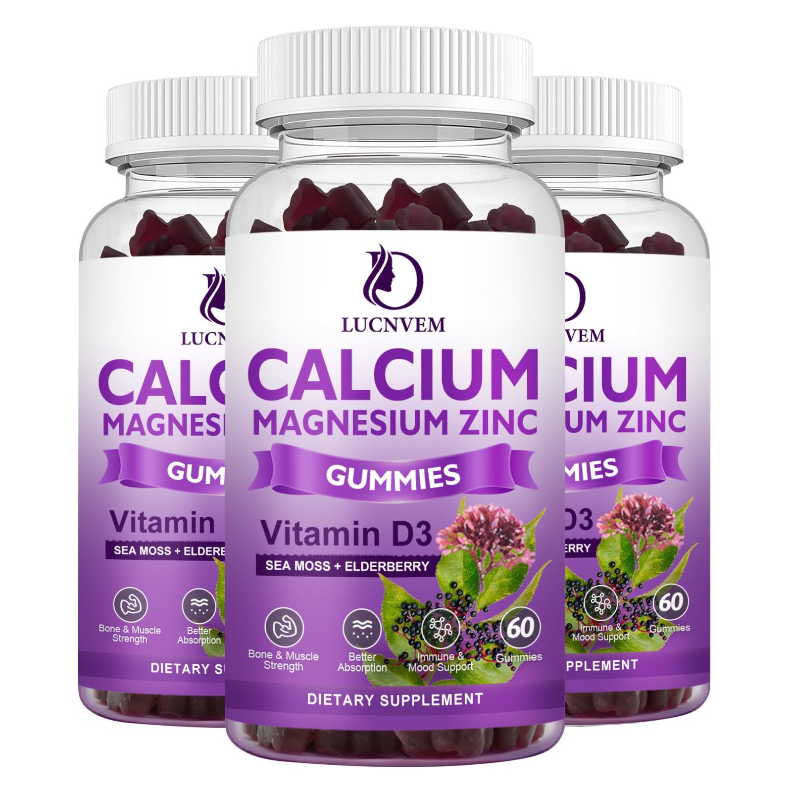 Bottle of Calcium Magnesium Zinc Gummies with Elderberry and Sea Moss (3-pack)