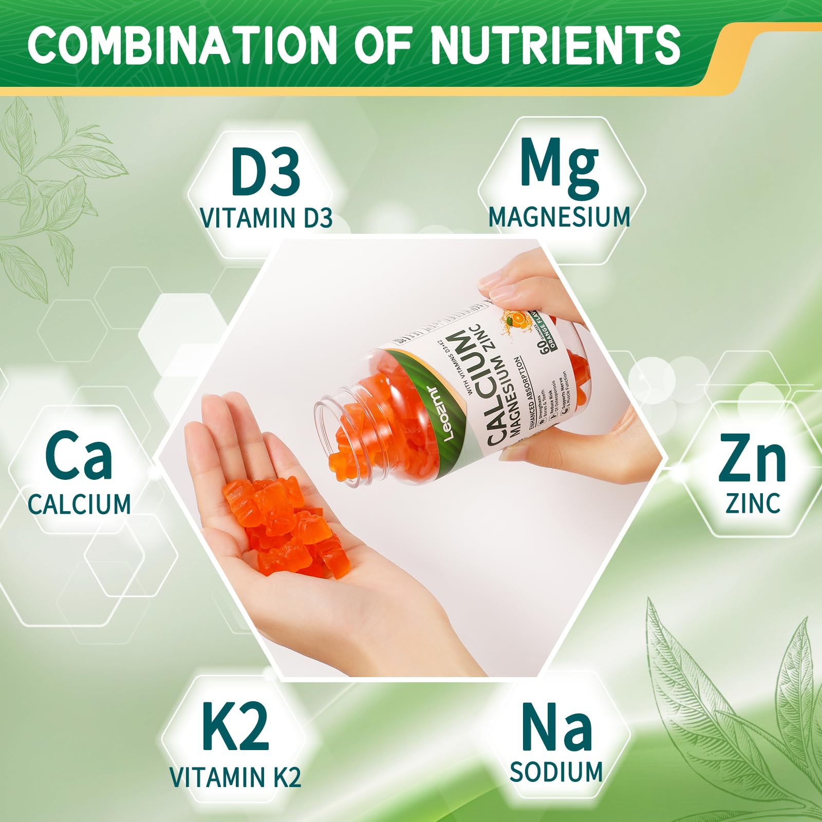 Ingredients panel showing Calcium, Magnesium, Zinc with D3 and K2