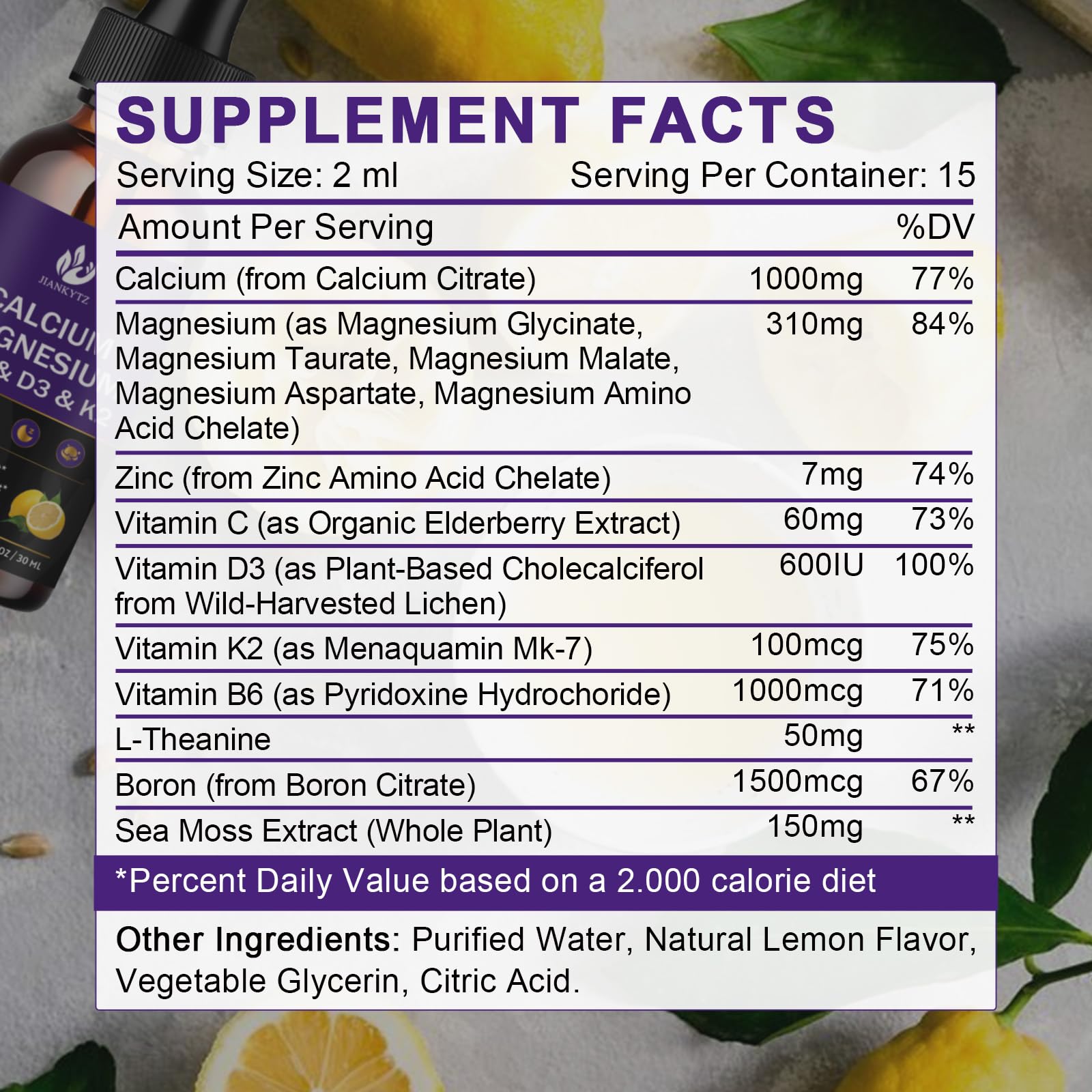 Ingredients label for liquid drops including calcium, magnesium, zinc
