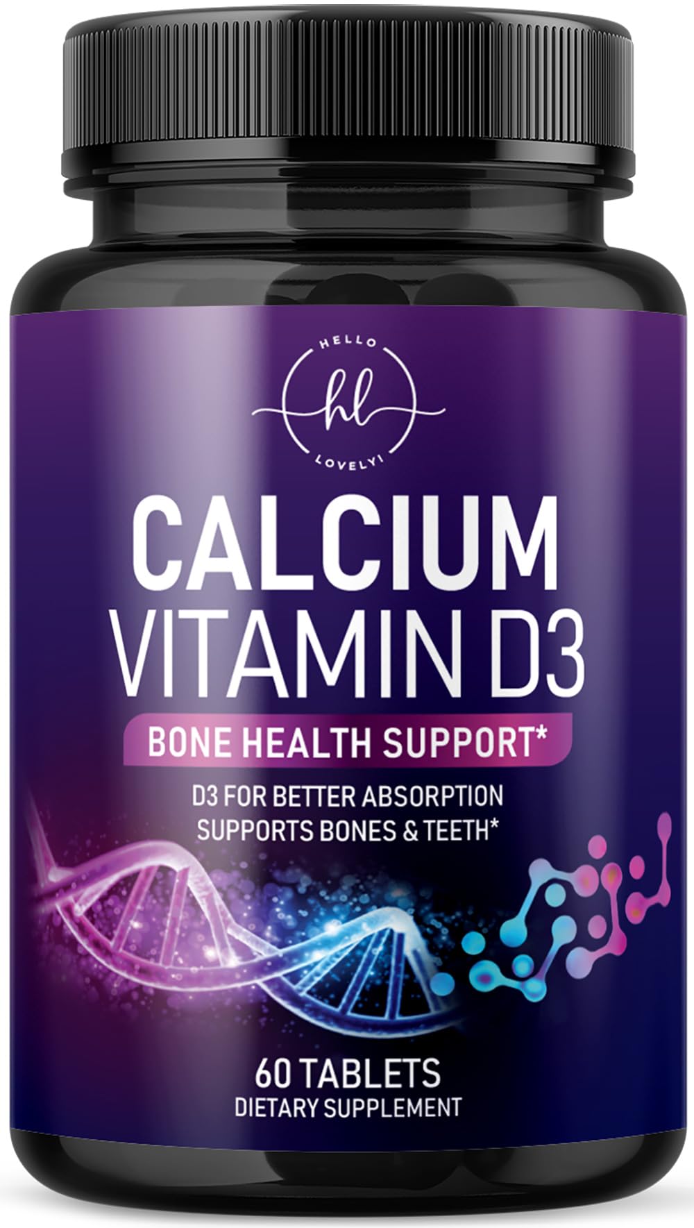 Bottle of calcium supplement 1200 mg with 1600 IU Vitamin D3 – 60 tablets, USA bottled
