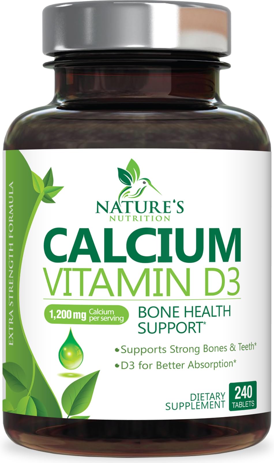 Bottle of calcium supplement 1200 mg with vitamin D3 1600 IU for immune and bone health
