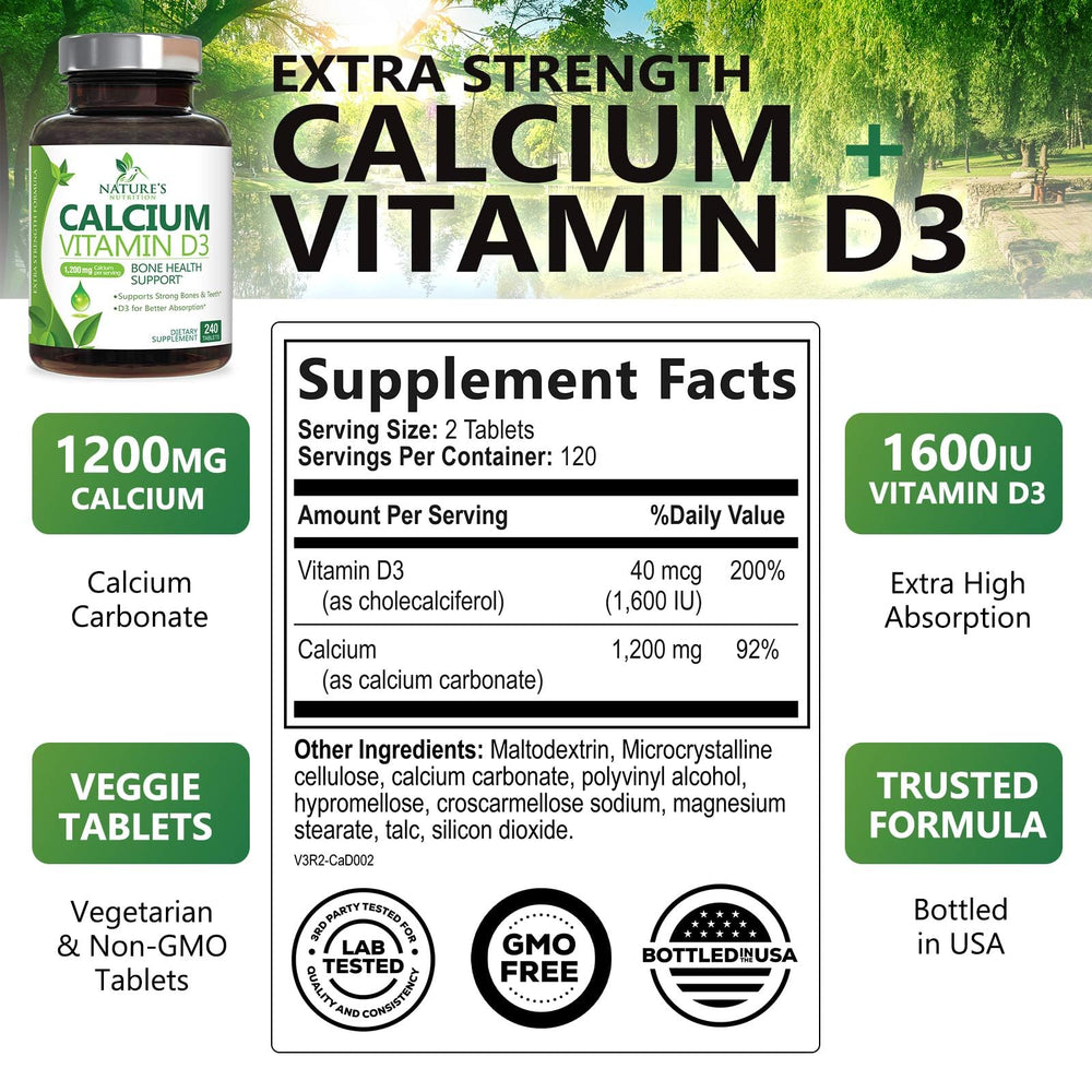 Close-up of the calcium 1200 mg with D3 1600 IU tablets in a bottle