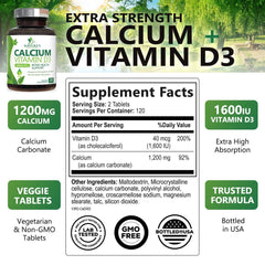Close-up of the calcium 1200 mg with D3 1600 IU tablets in a bottle