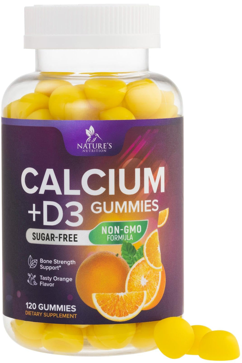 Nature's Nutrition Calcium Gummies bottle labeled sugar-free with 400 IU vitamin D3
