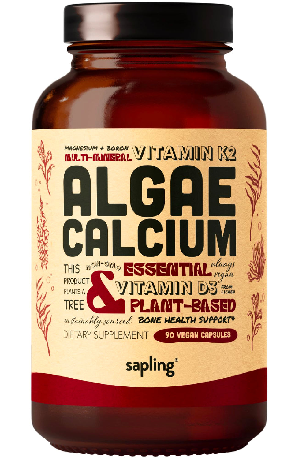 Red algae calcium supplement bottle highlighting 600mg elemental calcium