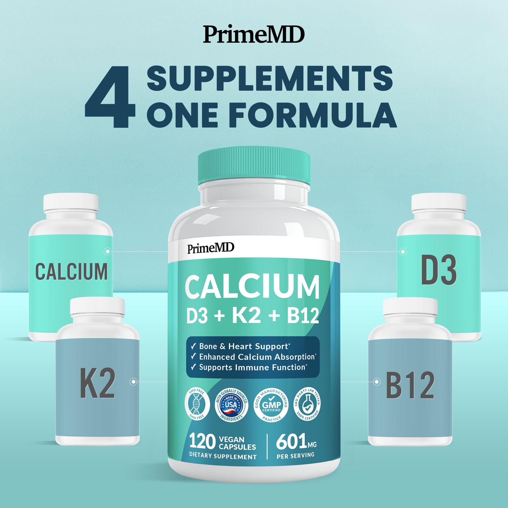 Calcium with vitamins D3 and K2 (5000 IU) per serving.