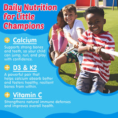 Infographic showing calcium 400mg, Vitamin D3, K2 and Vitamin C for kids