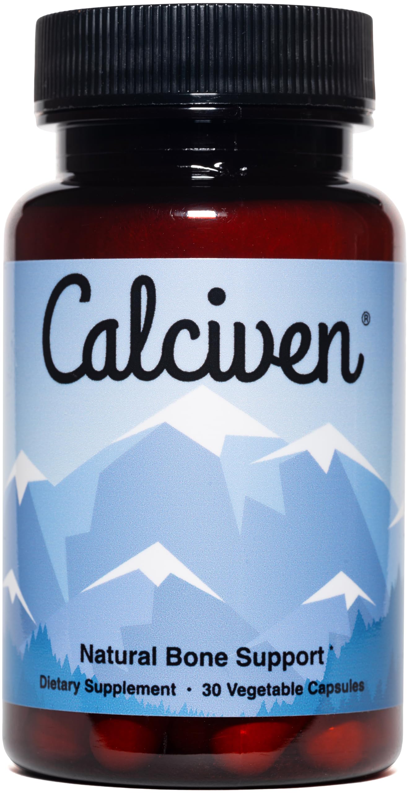 Calciven natural bone-support bottle cap close-up showing easy-to-swallow capsules
