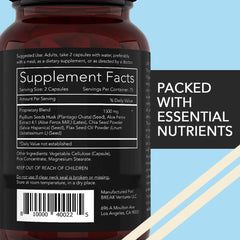 Close-up of vegan psyllium husk fiber capsules with chia and flaxseed