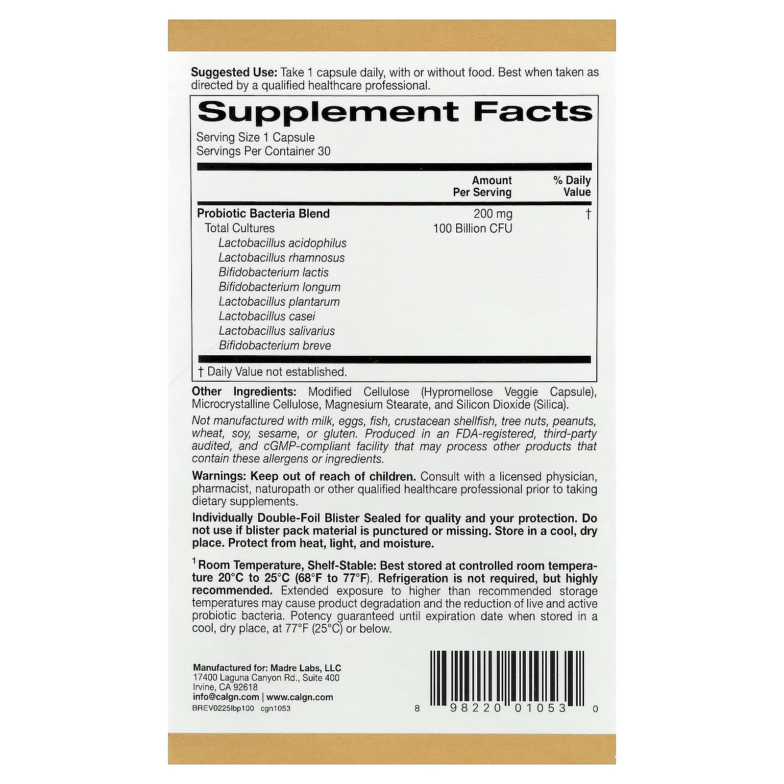 Label highlighting 100 billion CFU and eight strains
