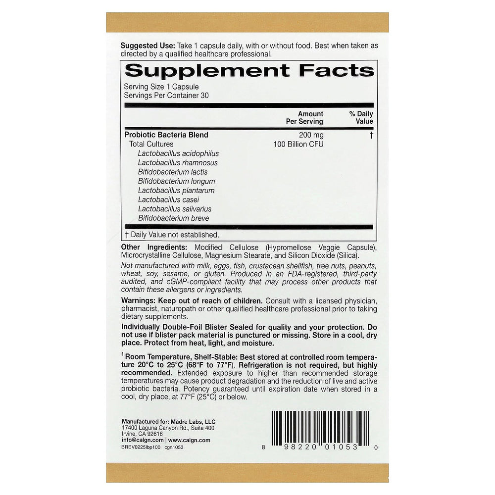 Label highlighting 100 billion CFU and eight strains