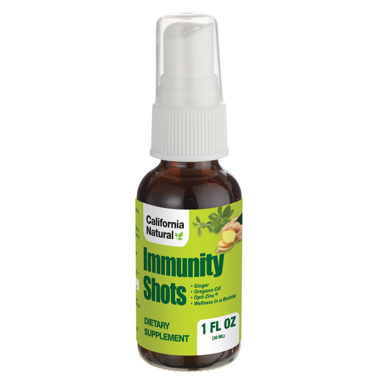 California Natural Immunity Shots in 1oz bottle with organic ginger root and oregano oil