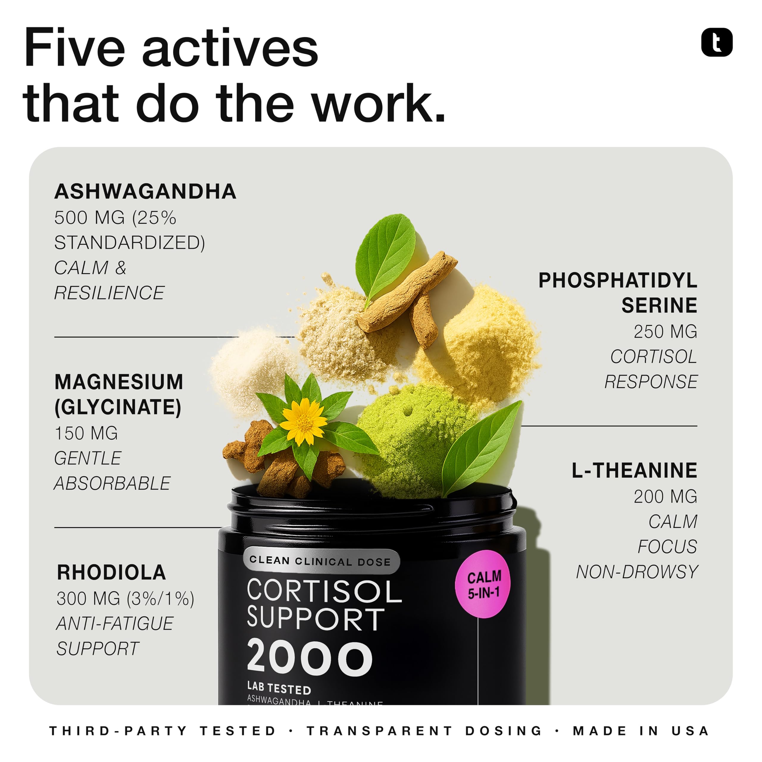 Product showing calm balanced-strength 5-in-1 non-drowsy design