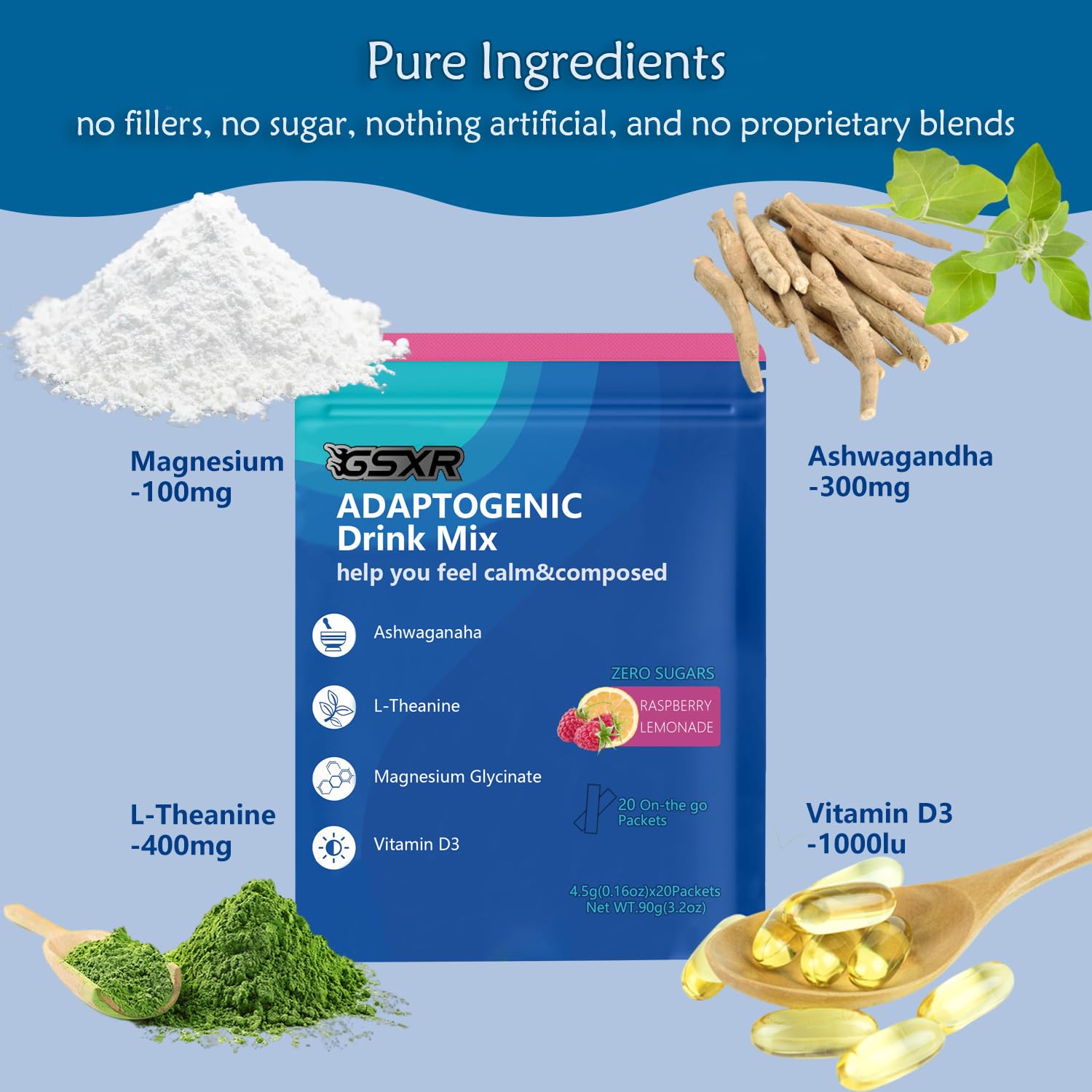 Close-up of magnesium glycinate, L-Theanine, KSM-66 ashwagandha and vitamin D3 ingredients