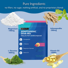 Close-up of magnesium glycinate, L-Theanine, KSM-66 ashwagandha and vitamin D3 ingredients