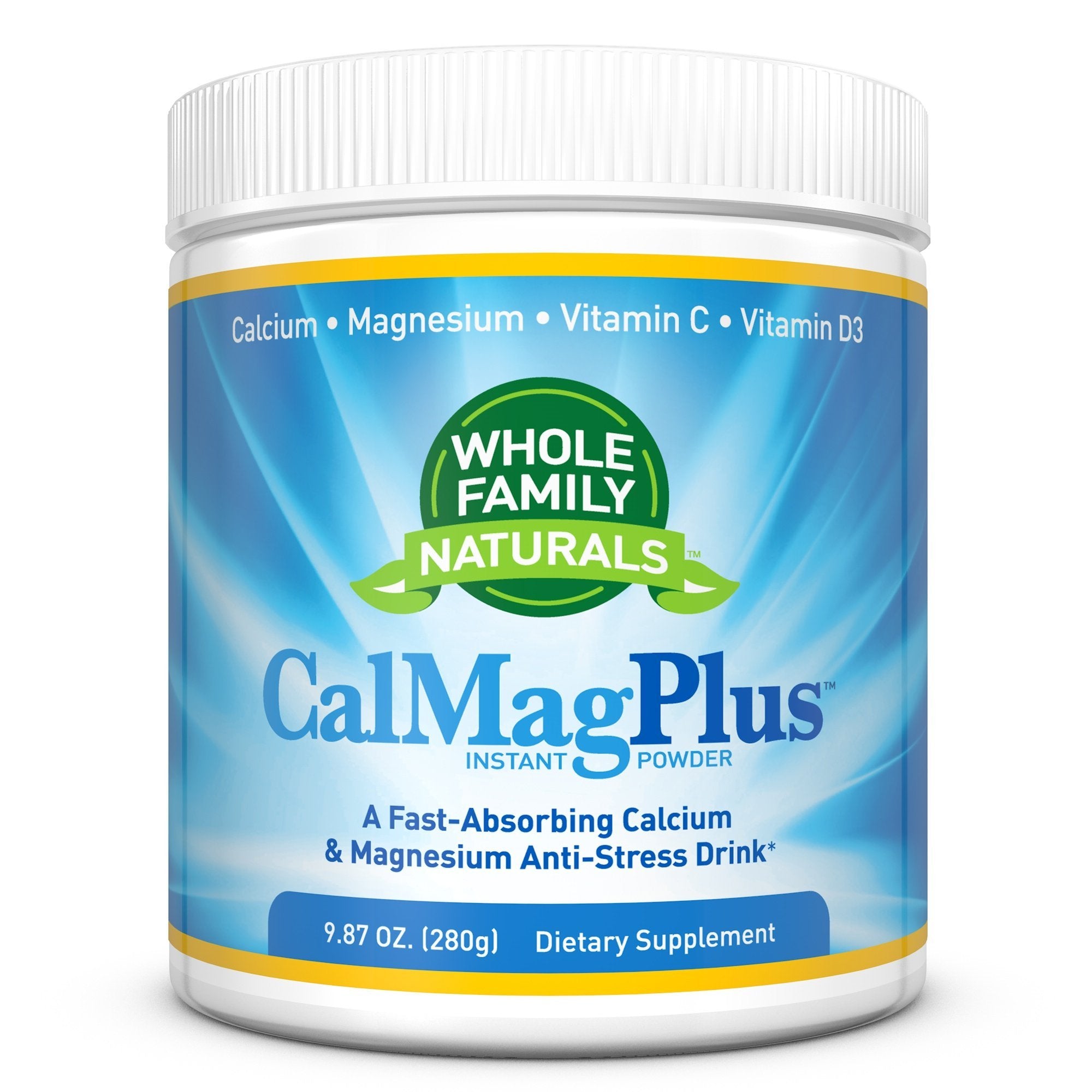 CalMag Plus calcium magnesium powder supplement packaging with scoop