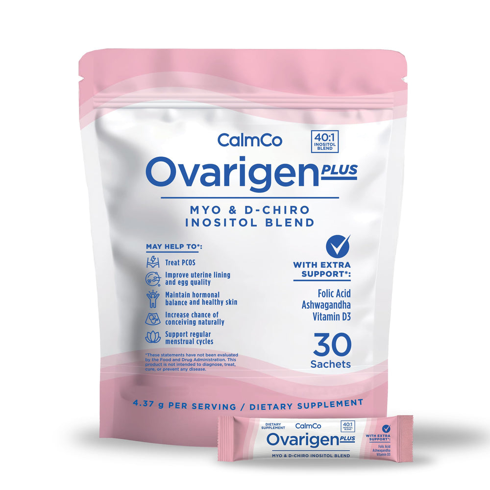 Close-up view of CalmCo Ovarigen Plus sachet showing powder contents