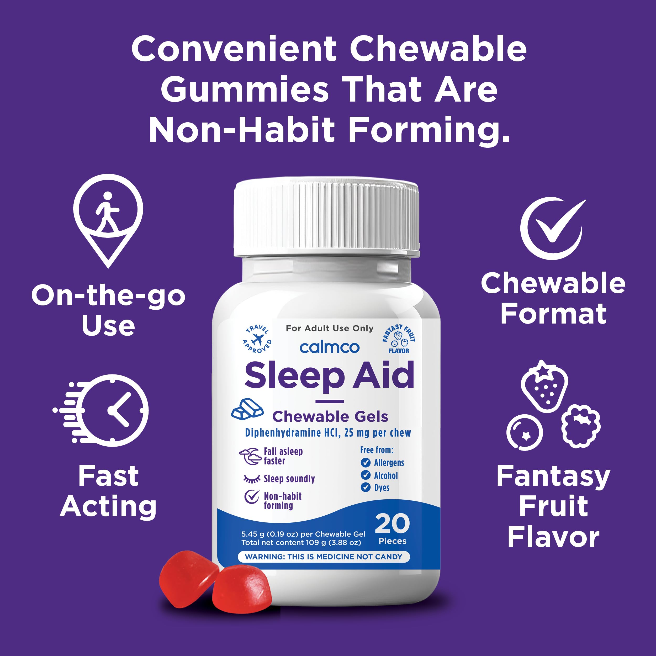 CalmCo Sleep Aid Gummy Bites 20-count back with nutritional info