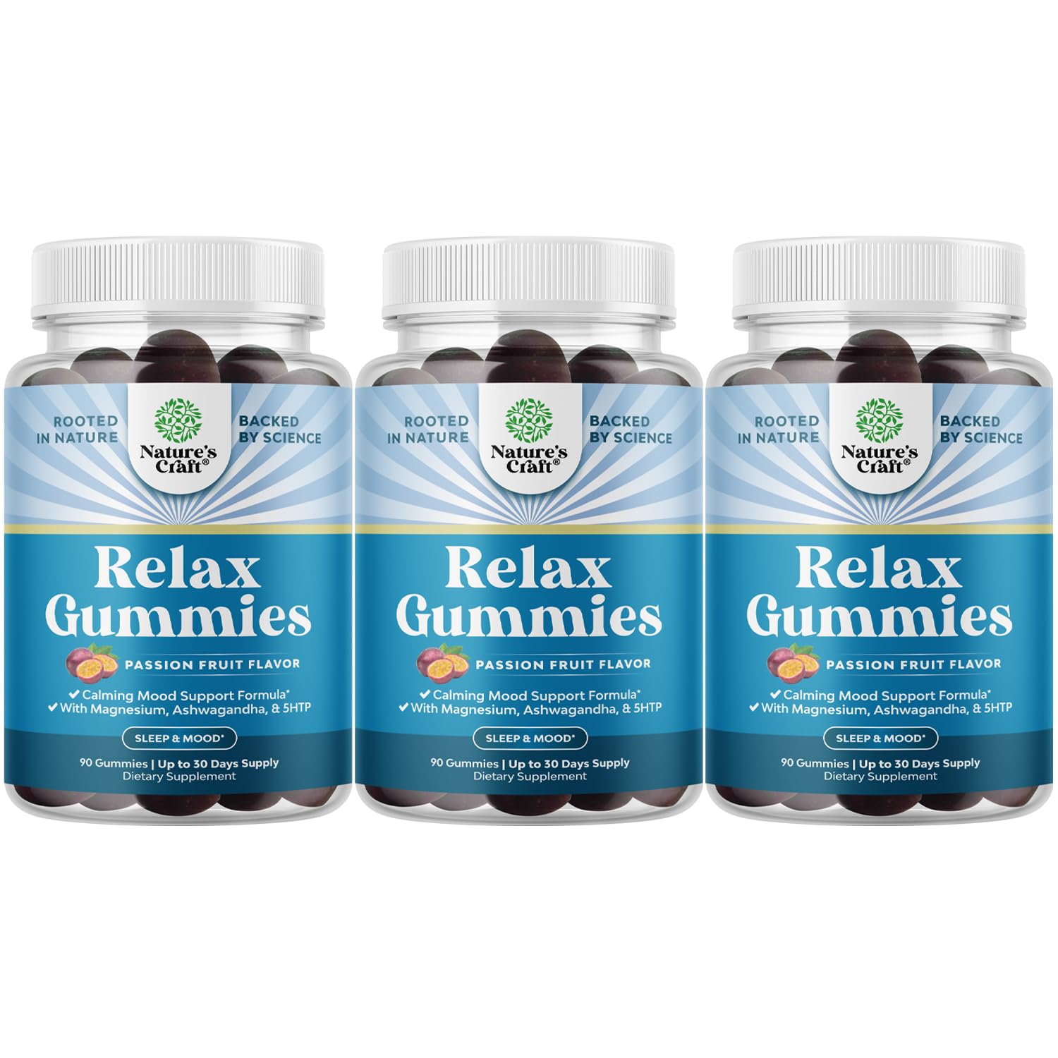 Bottle of Calming Gummies for Adults with Ashwagandha and Magnesium on a clean background