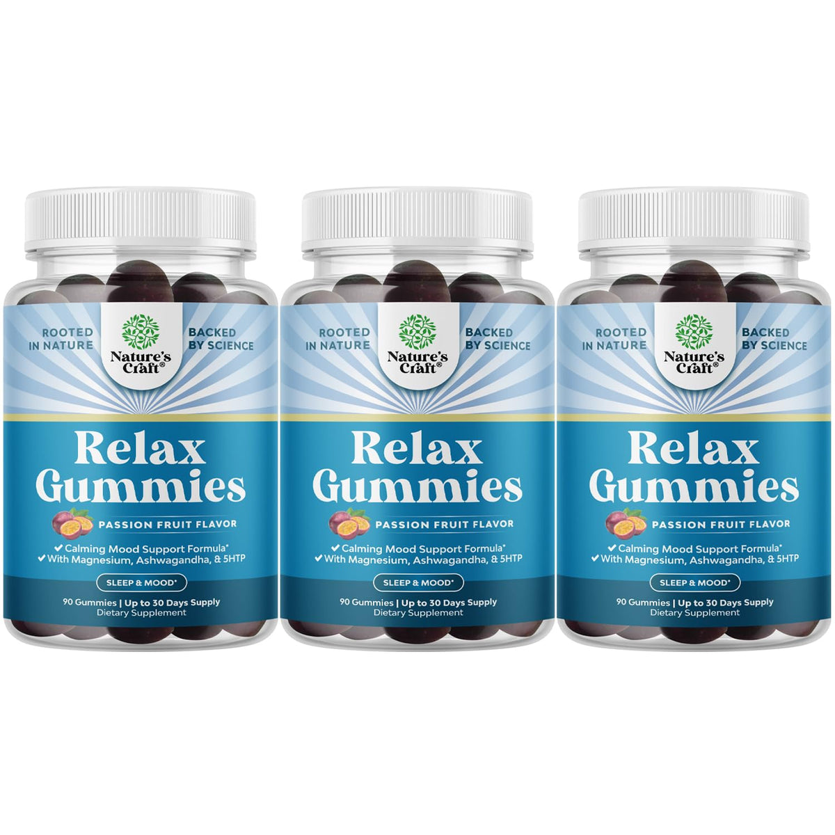 Bottle of Calming Gummies for Adults with Ashwagandha and Magnesium on a clean background