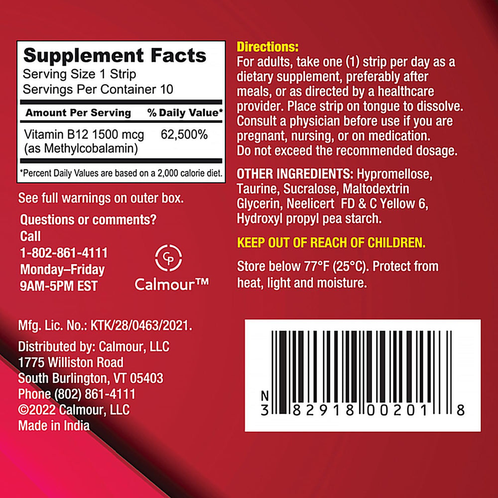 Nutrition label of Calmour Vitamin B12 Strips