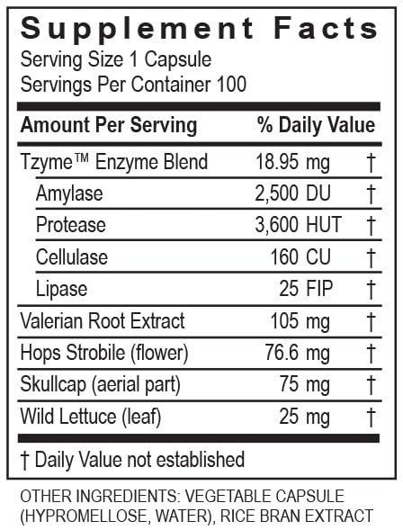 CalmZyme bottle packaging and 100 capsules