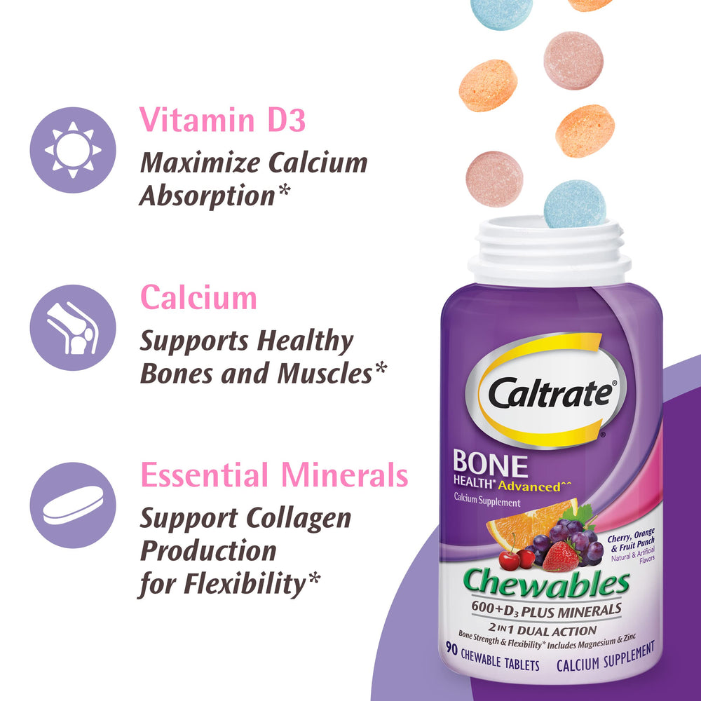 Caltrate chewables 600 Plus D3 minerals bottle with fruit punch flavor - front view