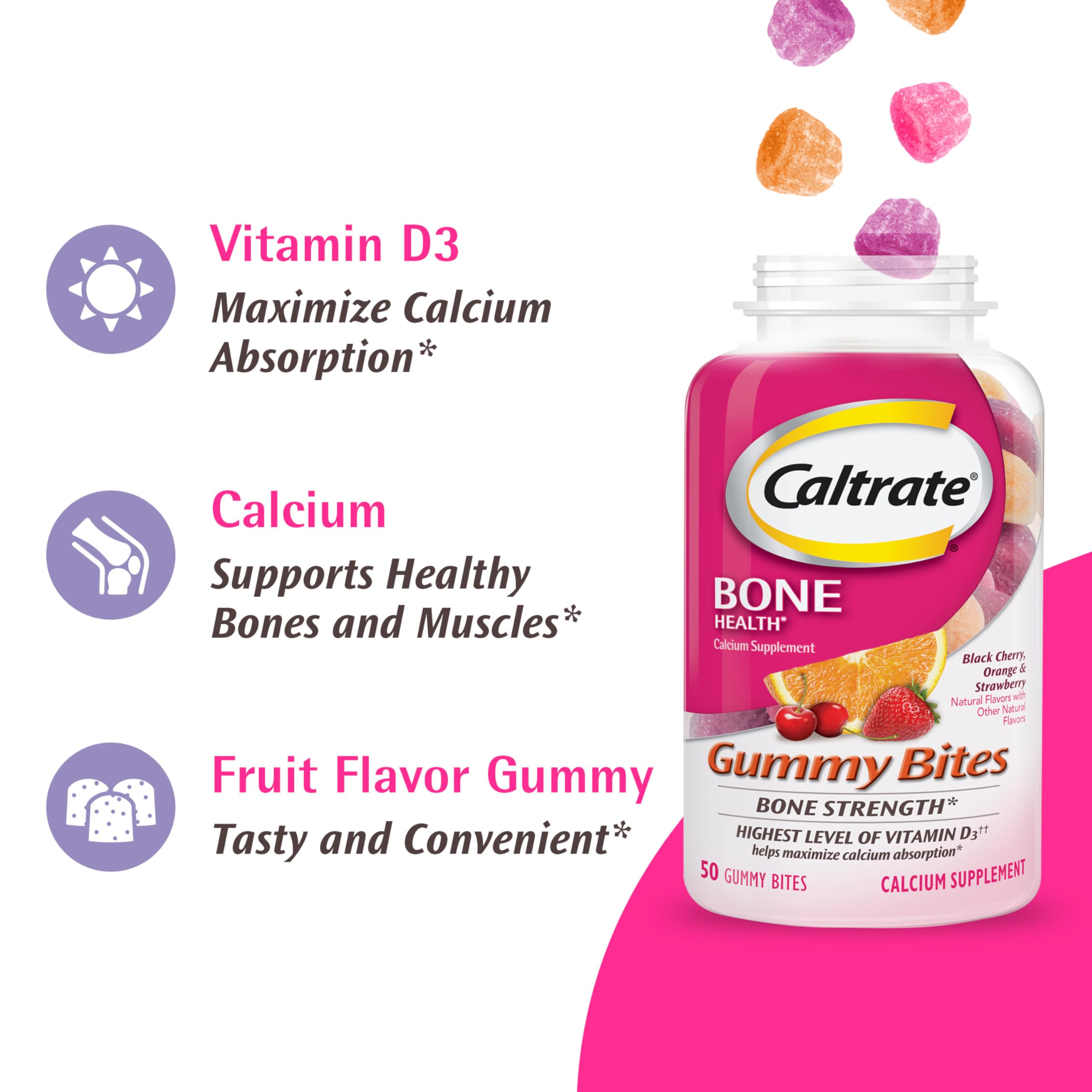 Close-up of Caltrate Gummy Bites gummies in Orange flavor