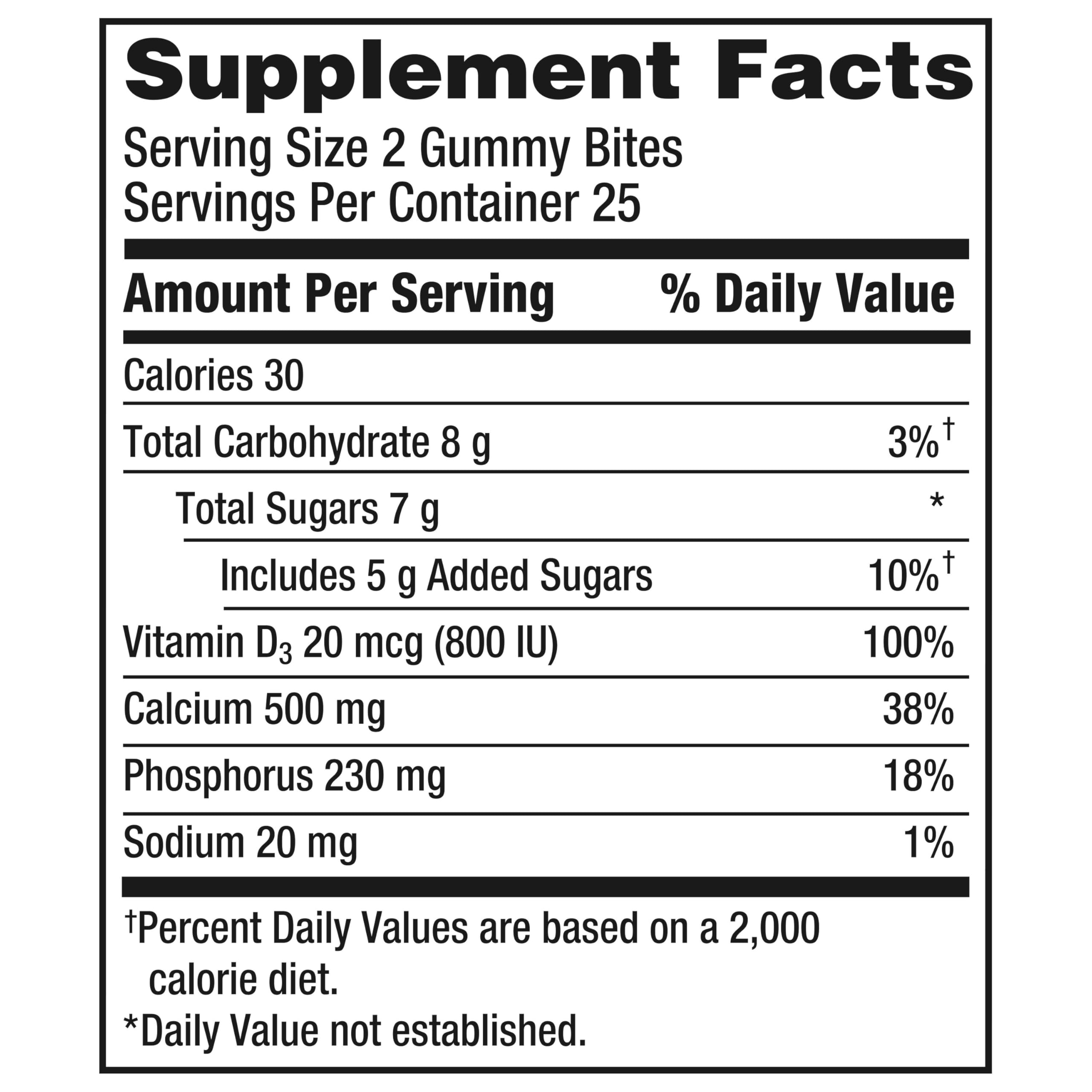 Nutrition facts panel for Caltrate Gummy Bites
