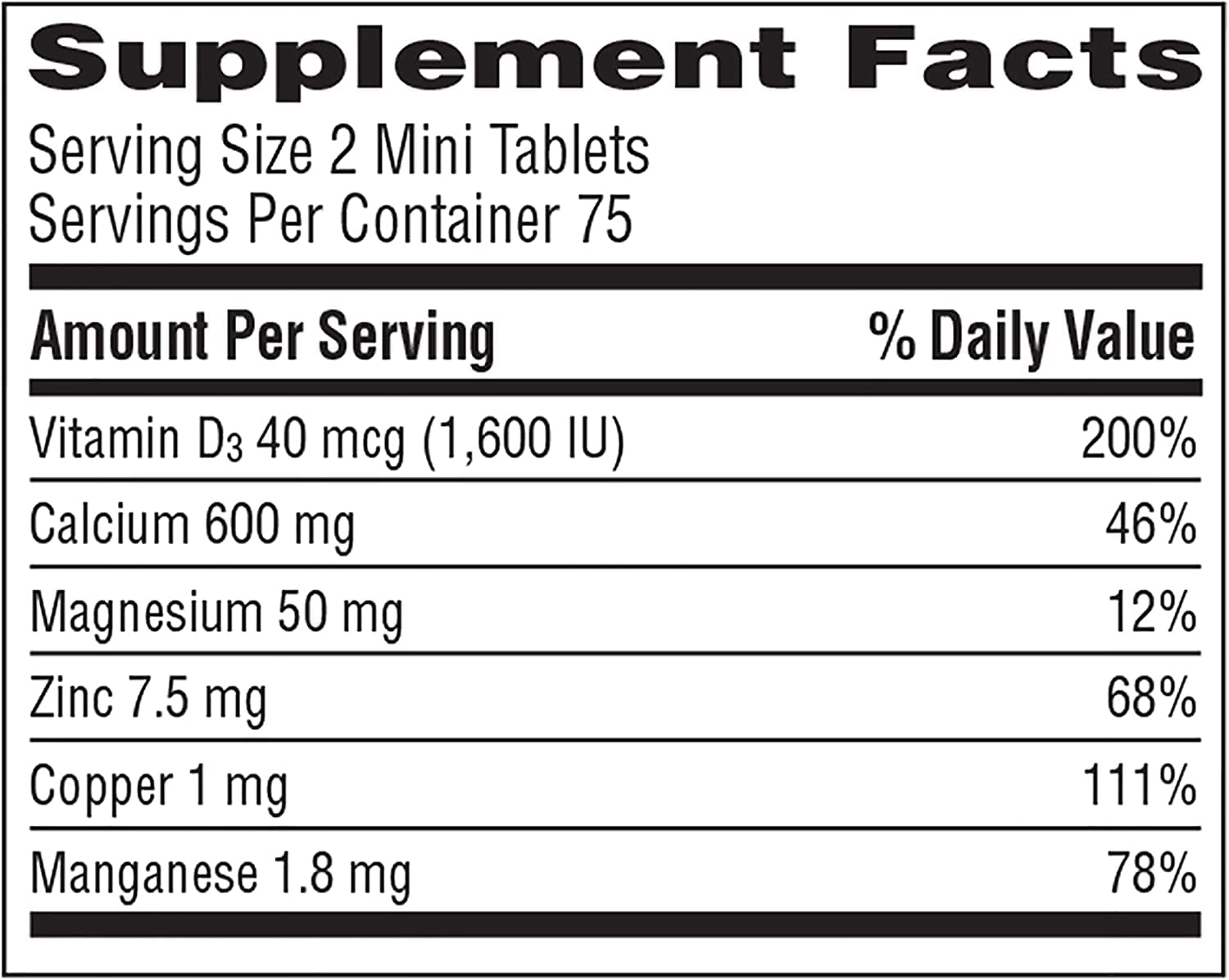 Caltrate Minis + Minerals back label