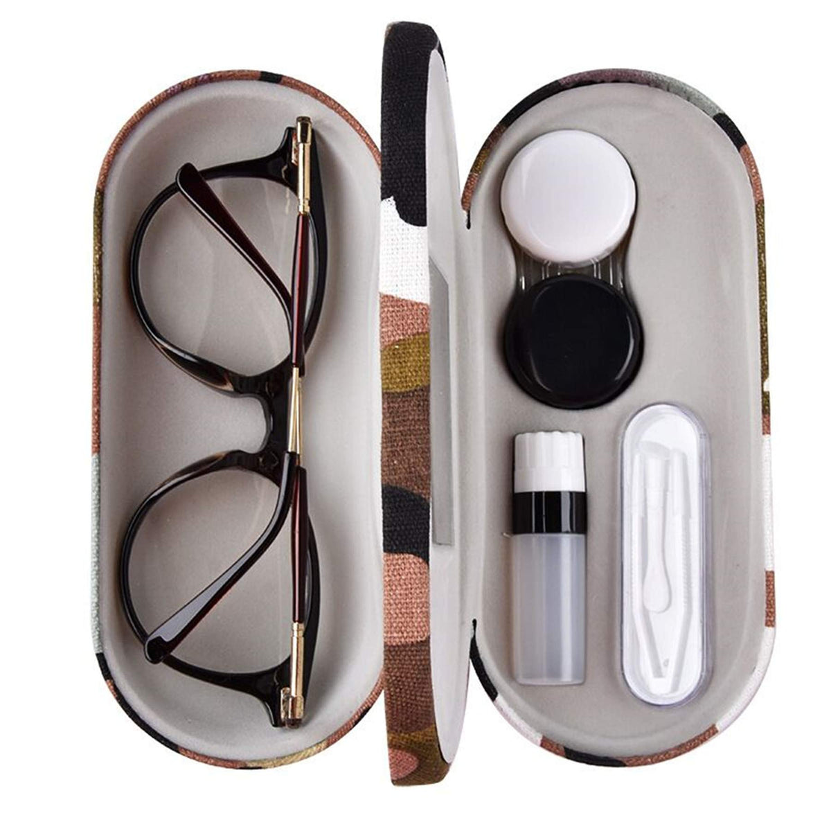 Open view of camouflage 2-in-1 travel case showing two compartments for glasses and lenses