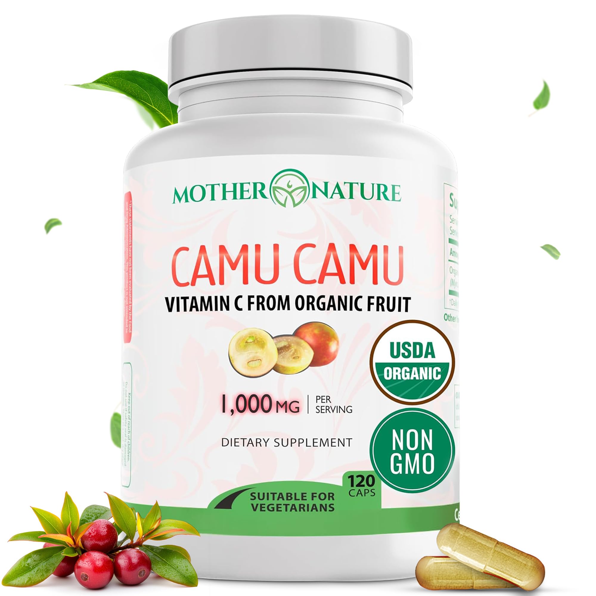 Organic Camu Camu Vitamin C capsules bottle labeled 1000mg