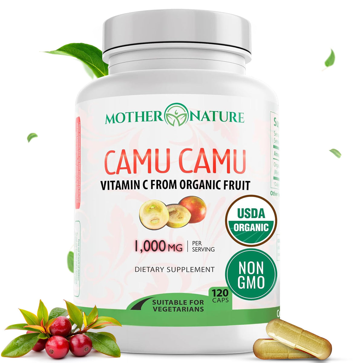 Organic Camu Camu Vitamin C capsules bottle labeled 1000mg