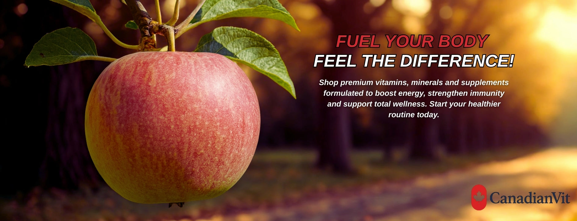 Promotional image of an apple with text about wellness products, featuring the CanadianVit brand.