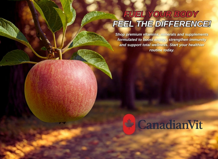 Apple on a tree branch with promotional text and CanadianVit logo in an outdoor setting