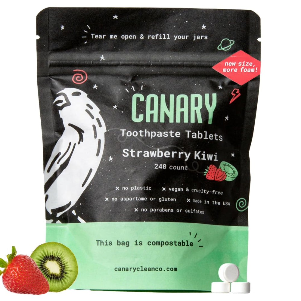 Close-up of Strawberry Kiwi Canary nano hydroxyapatite toothpaste tablets