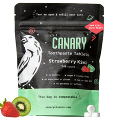 Close-up of Strawberry Kiwi Canary nano hydroxyapatite toothpaste tablets