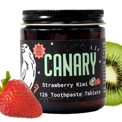 Front view of Canary Nano Hydroxyapatite Toothpaste Tablets Strawberry Kiwi box