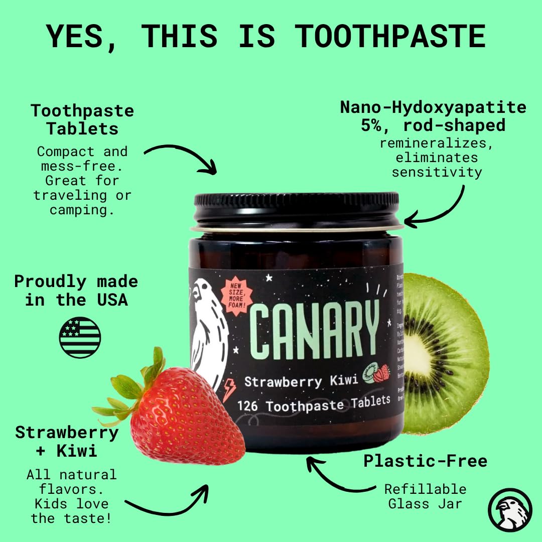 Close-up of a Strawberry Kiwi toothpaste tablet by Canary
