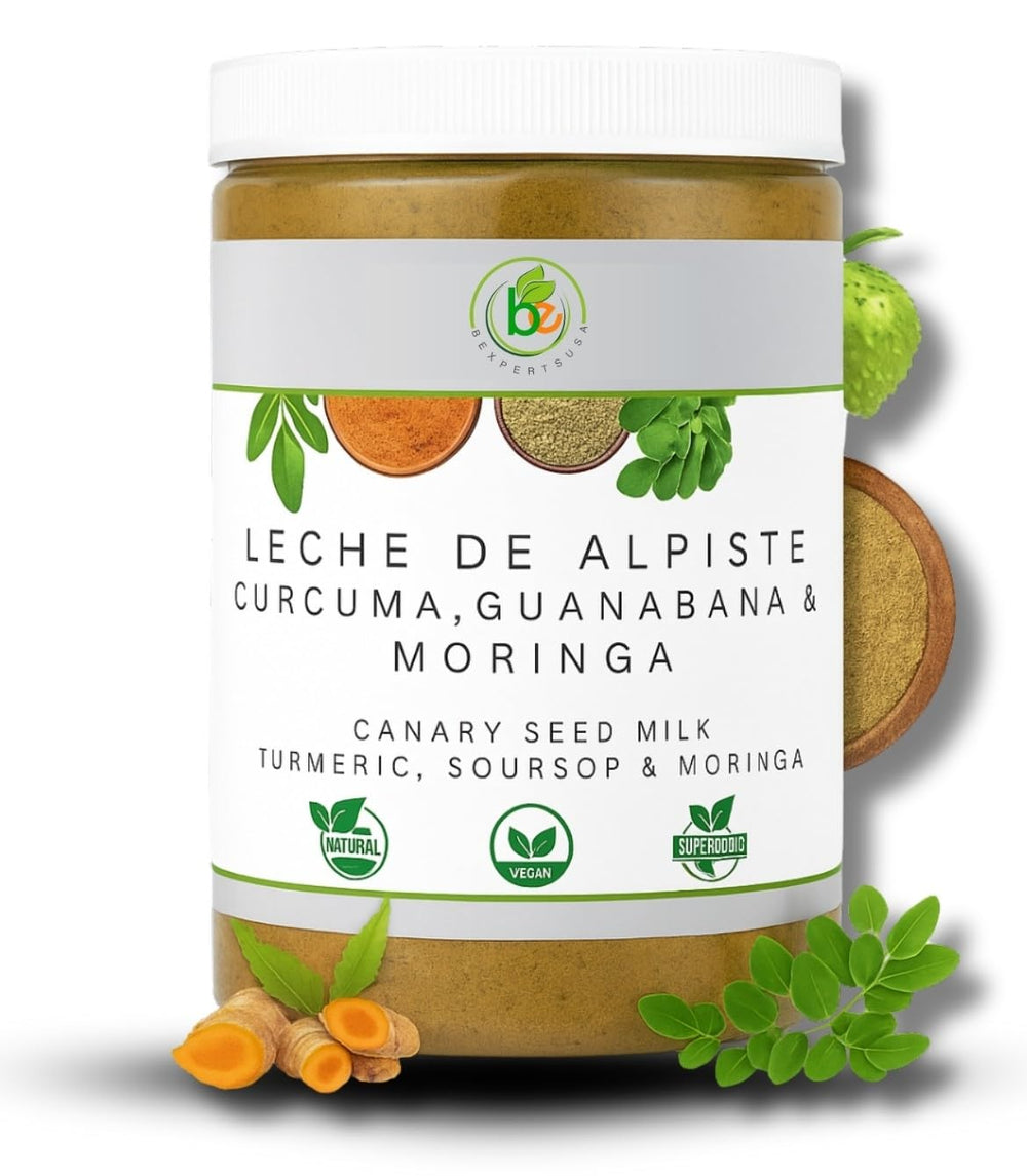 Front view of Canary Seed Milk bottle with turmeric, soursop, and moringa label