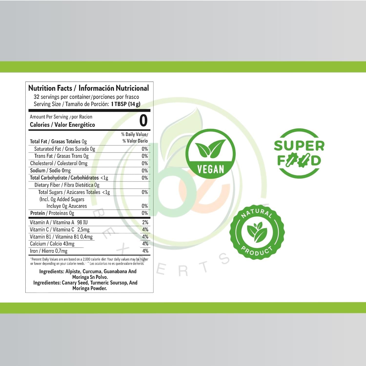 Close-up of turmeric, moringa, and soursop ingredients