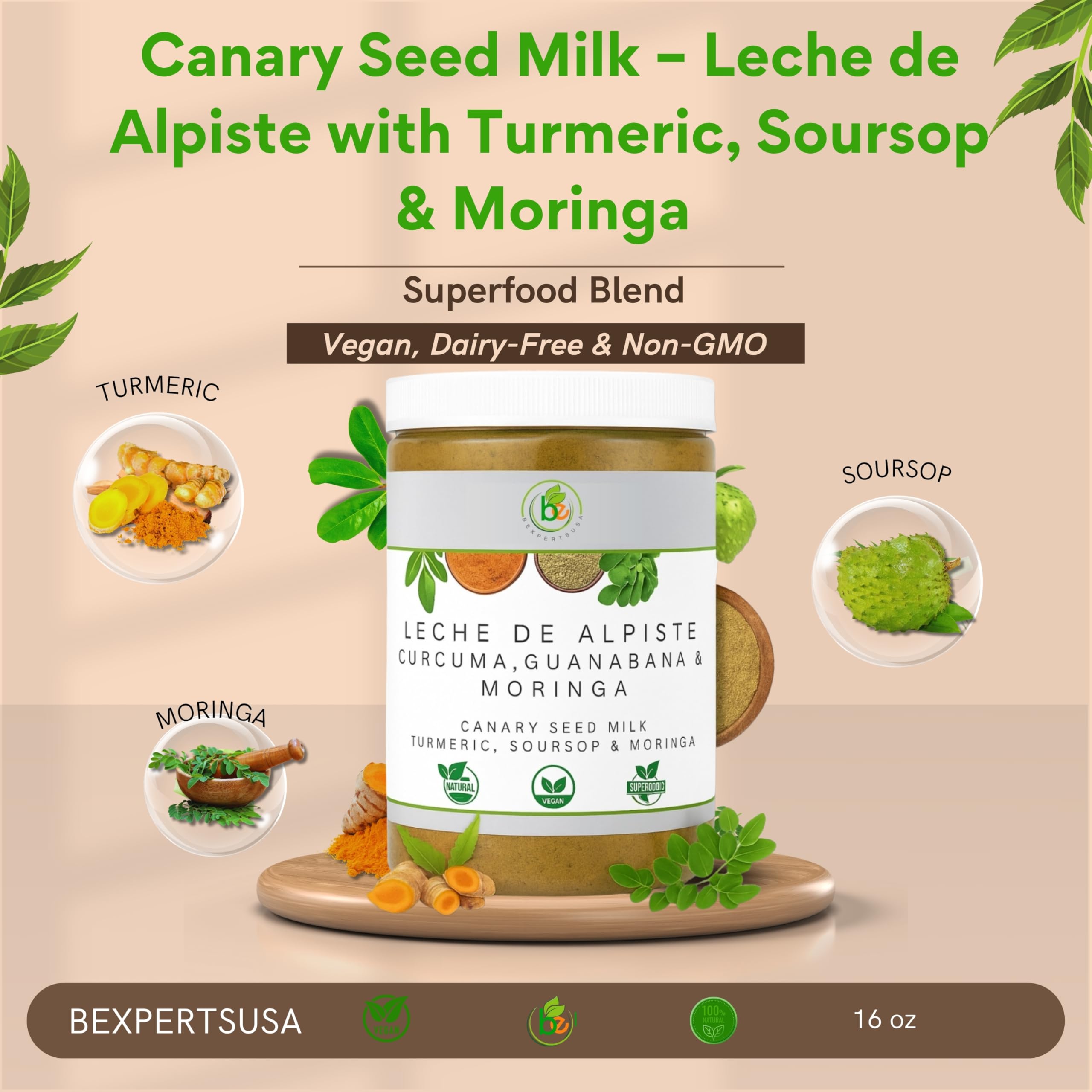 Creamy plant-based milk in a glass with ingredients in the background