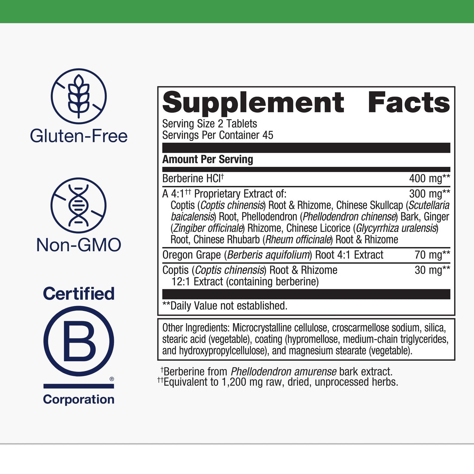 Label highlights 400 mg Berberine HCI per serving