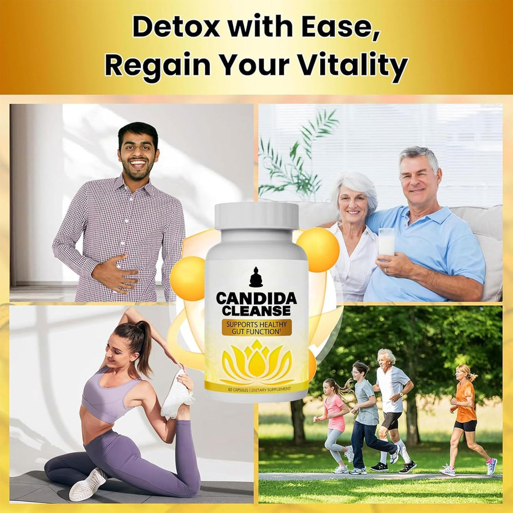 Candida Cleanse bottle label close-up highlights natural herbal ingredients for gut comfort and balance.