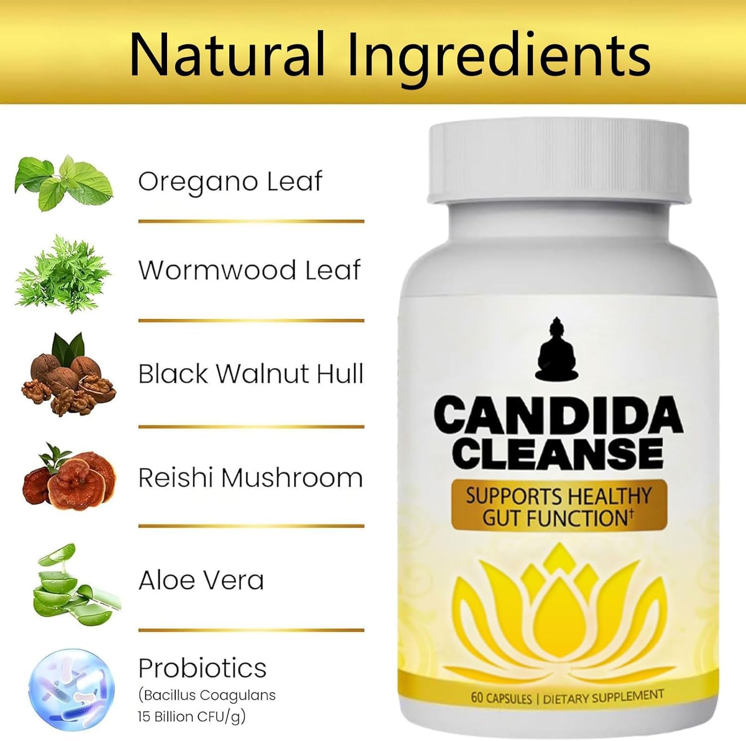 Candida Cleanse capsules close-up shows probiotic blend aiding digestion.