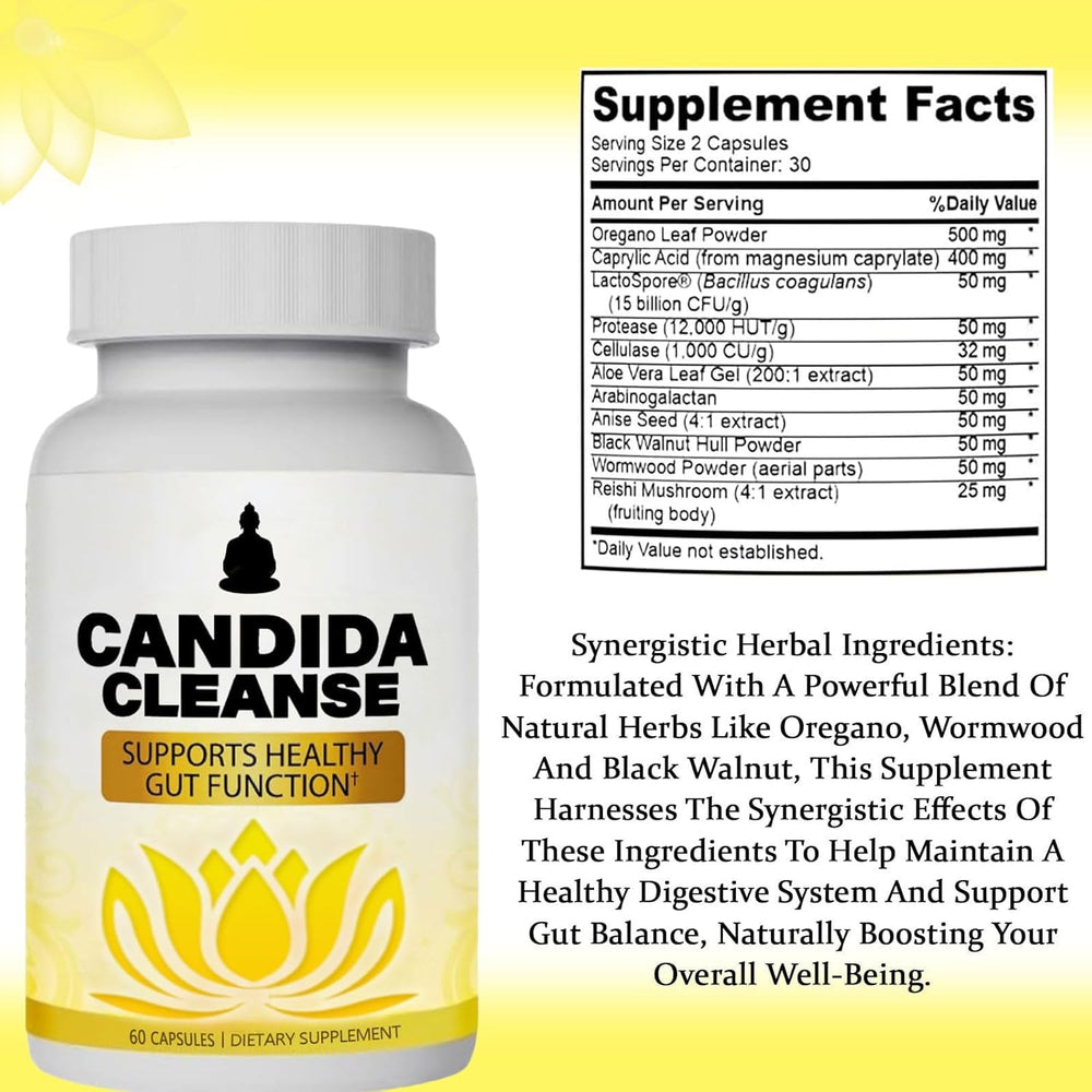 Candida Cleanse herbal blend illustration showcases support for intestinal balance.
