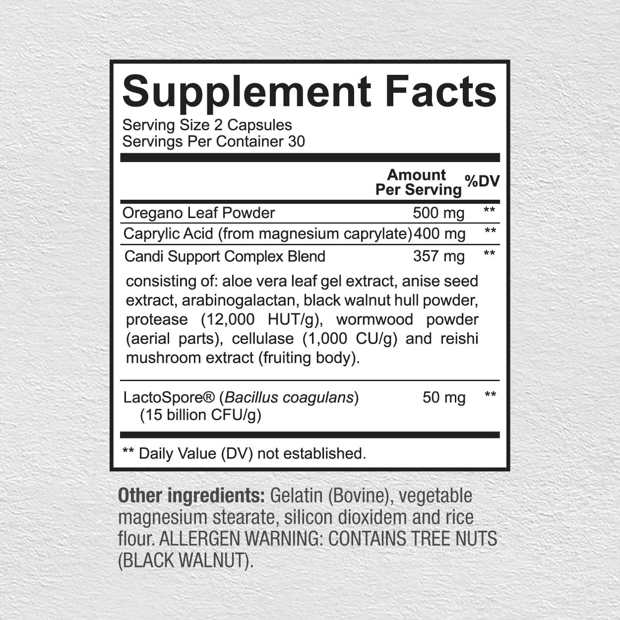 Close-up of oregano and caprylic acid ingredients in candida cleanse