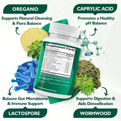 Graphic showing digestive health and gut flora balance with Candida Complex