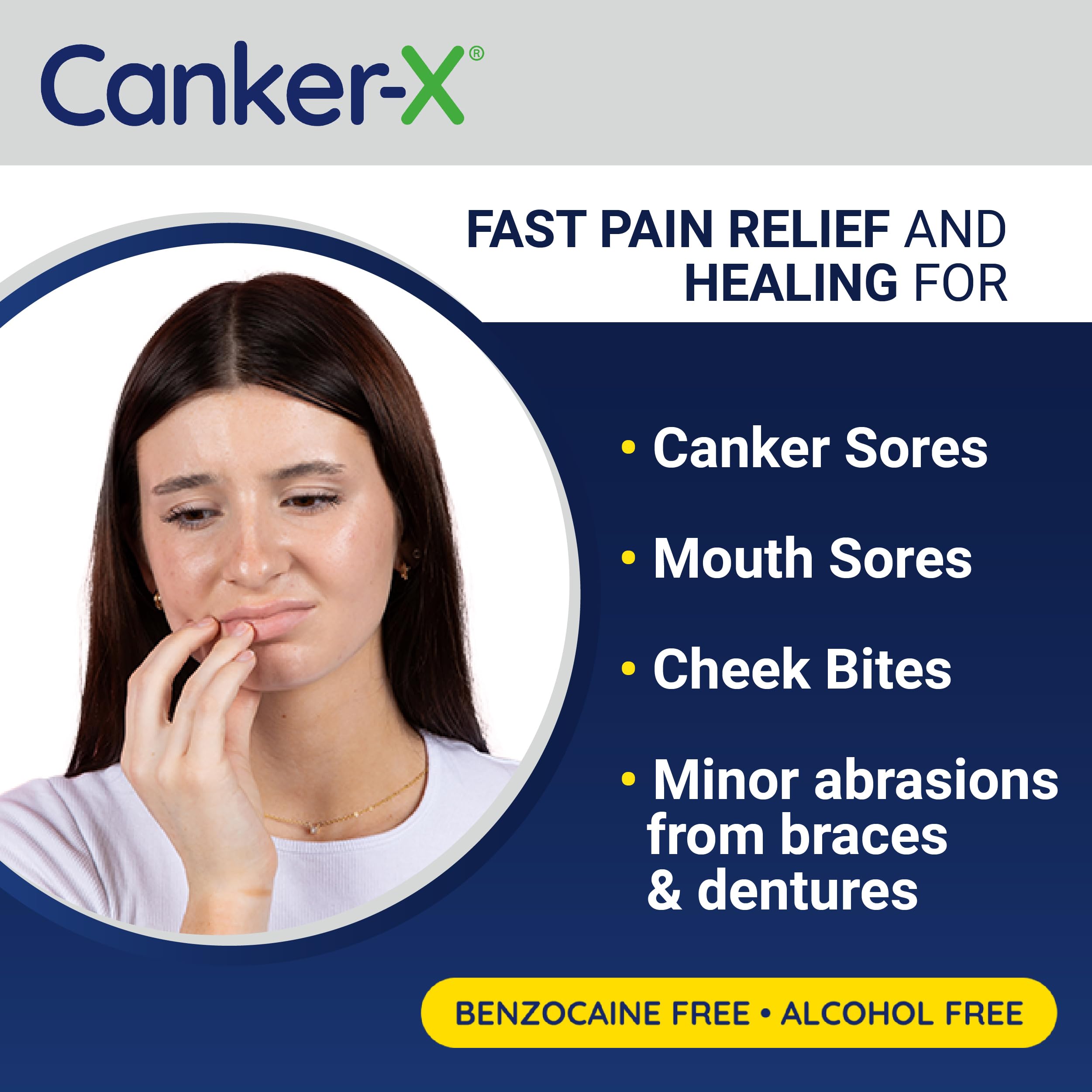 Product packaging highlighting benzocaine-free and alcohol-free formula